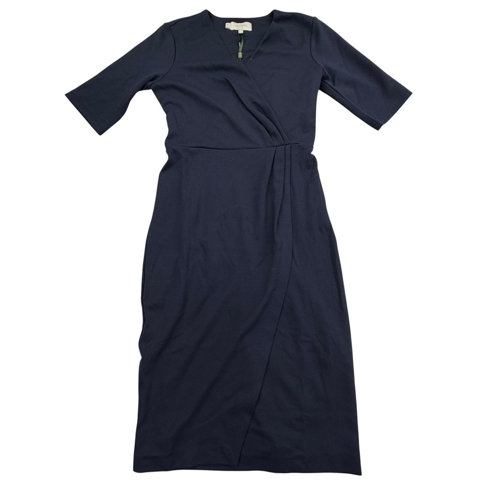 Hobbs Dress Womens 2 Navy Wrap Knee V-Neck Ponte Olive Lined Pleated Workwear